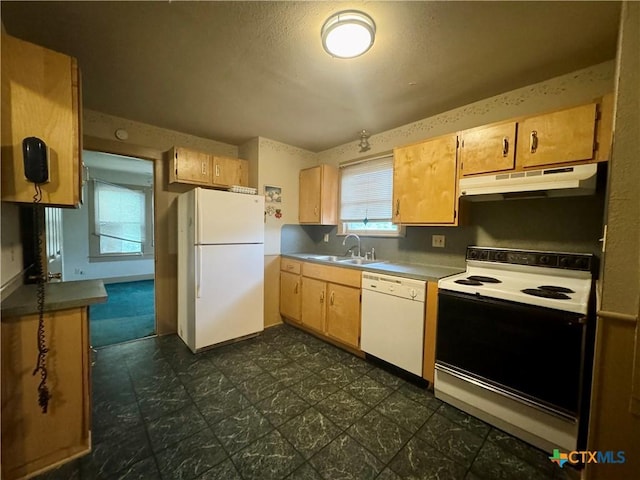 503 Dunn St, Yoakum, TX 77995 - kitchen featuring a sink, under cabinet range hood, light brown cabinetry, dark floors, and white appliances