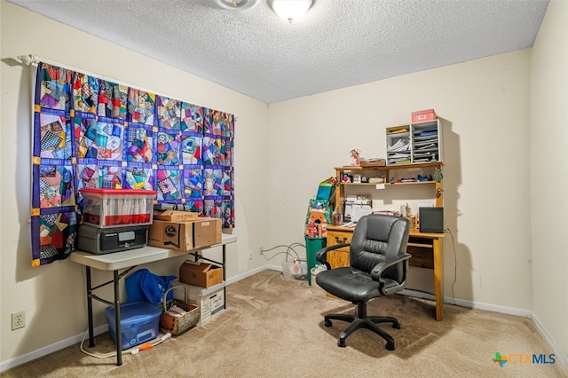 carpeted office with a textured ceiling