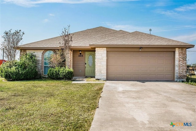 ranch-style house with a garage, concrete driveway, stone siding, roof with shingles, and a front lawn