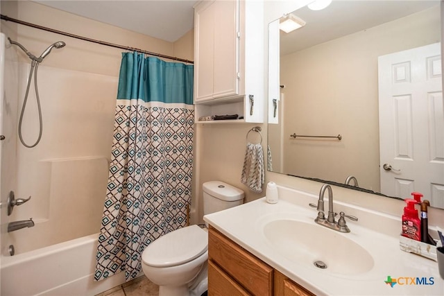 full bathroom with toilet, shower / tub combo, and vanity