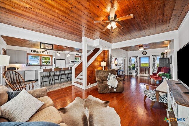 living room featuring ceiling fan, a healthy amount of sunlight, wood ceiling, and dark hardwood / wood-style flooring