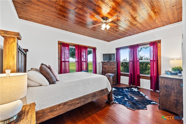 bedroom featuring multiple windows, wood ceiling, hardwood / wood-style flooring, and ceiling fan