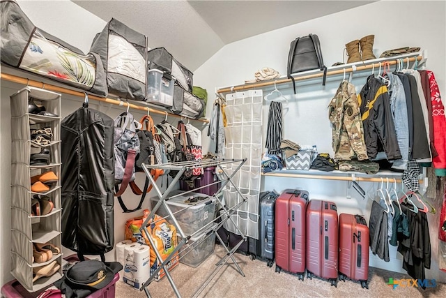 822 Old World Dr, Harker Heights, TX 76548 - walk in closet featuring lofted ceiling and carpet flooring