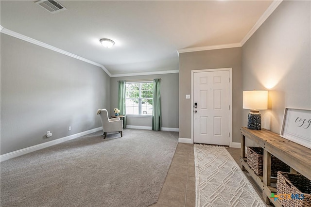 822 Old World Dr, Harker Heights, TX 76548 - entrance foyer featuring crown molding, light colored carpet, and light tile patterned floors