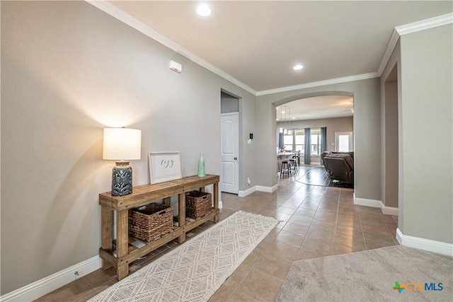 822 Old World Dr, Harker Heights, TX 76548 - hallway with arched walkways, recessed lighting, tile patterned flooring, and crown molding