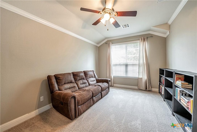 822 Old World Dr, Harker Heights, TX 76548 - living area with vaulted ceiling, ceiling fan, light carpet, and ornamental molding