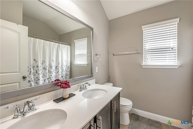 822 Old World Dr, Harker Heights, TX 76548 - full bathroom featuring lofted ceiling, double vanity, and a shower with shower curtain