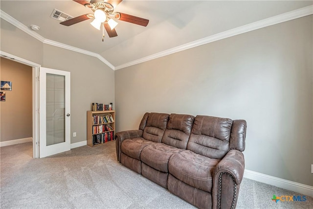 822 Old World Dr, Harker Heights, TX 76548 - living room with carpet flooring, crown molding, a ceiling fan, and lofted ceiling