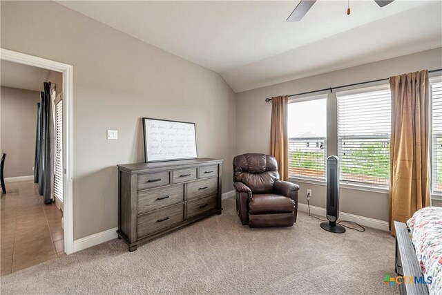822 Old World Dr, Harker Heights, TX 76548 - sitting room featuring vaulted ceiling, a ceiling fan, and light colored carpet