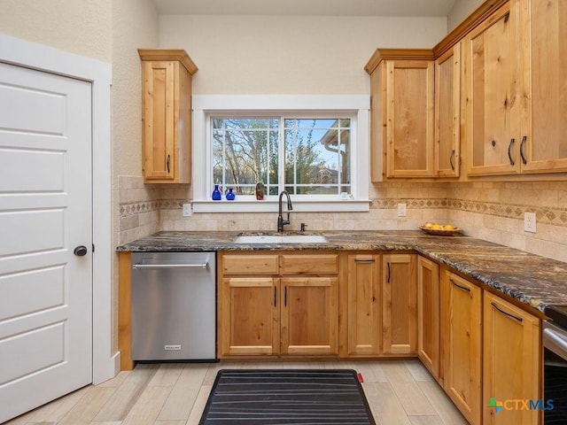 kitchen featuring dark stone counters, stainless steel dishwasher, backsplash, and a sink