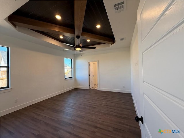 empty room featuring dark wood-type flooring, ceiling fan, beamed ceiling, and a wealth of natural light