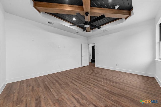 unfurnished room featuring beam ceiling, ceiling fan, hardwood / wood-style floors, and a raised ceiling