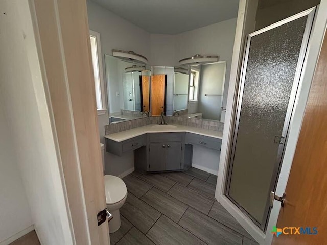 bathroom featuring toilet, a shower stall, wood tiled floor, and vanity