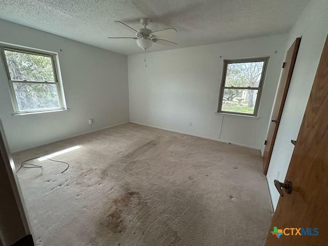 unfurnished bedroom featuring a textured ceiling, multiple windows, and light colored carpet