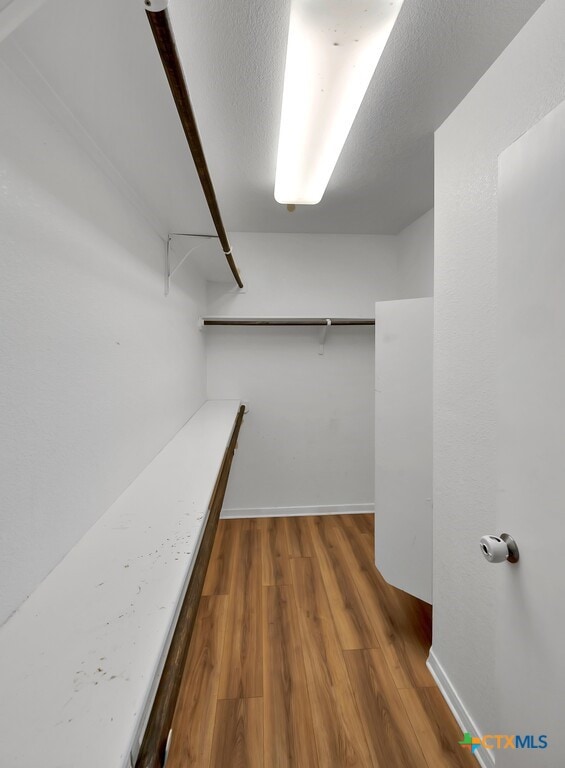 walk in closet with dark wood-type flooring