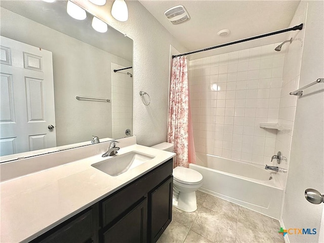 full bathroom featuring toilet, vanity, and shower / bath combination with curtain