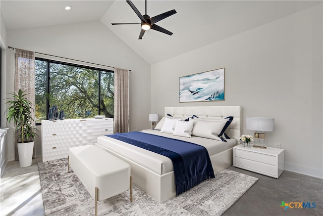 bedroom with ceiling fan, high vaulted ceiling, and concrete floors