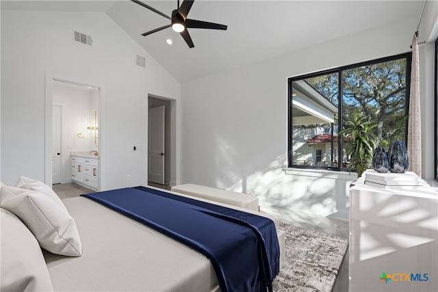 bedroom featuring ensuite bathroom, high vaulted ceiling, and ceiling fan