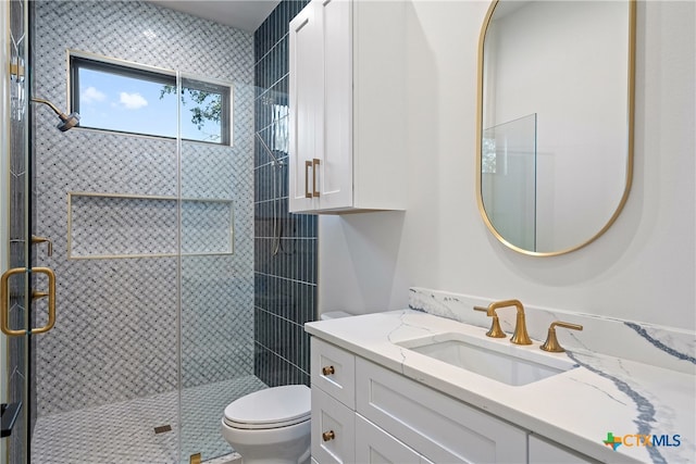 bathroom featuring vanity, toilet, and walk in shower