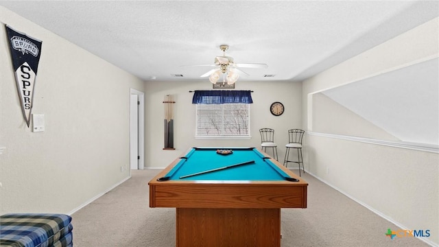 game room with visible vents, ceiling fan, pool table, a textured ceiling, and carpet floors