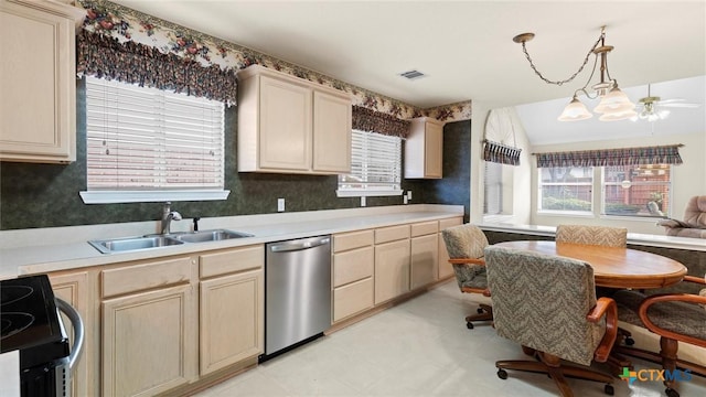 kitchen featuring light countertops, visible vents, electric range, a sink, and dishwasher