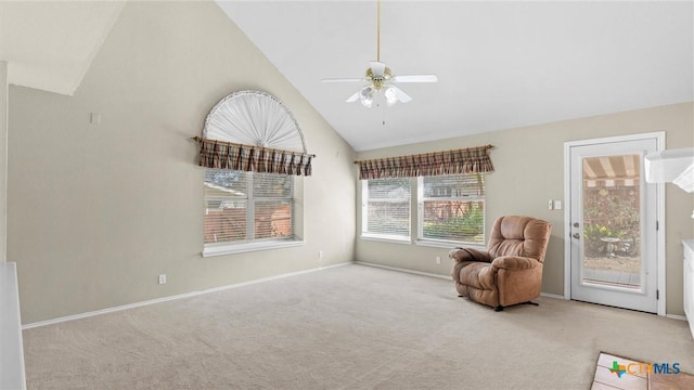 unfurnished room with high vaulted ceiling, carpet, a ceiling fan, and baseboards