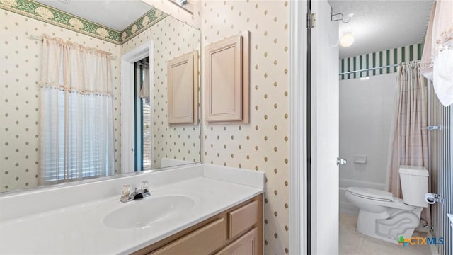 full bath featuring tile patterned flooring, vanity, toilet, and wallpapered walls