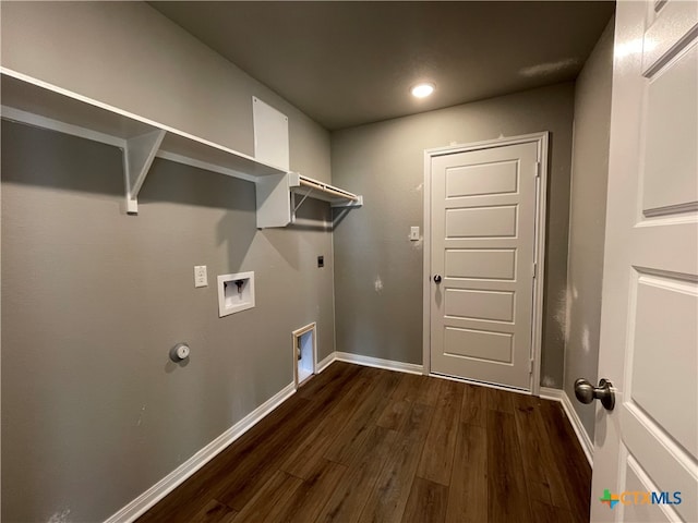 clothes washing area with washer hookup, dark hardwood / wood-style floors, hookup for a gas dryer, and electric dryer hookup