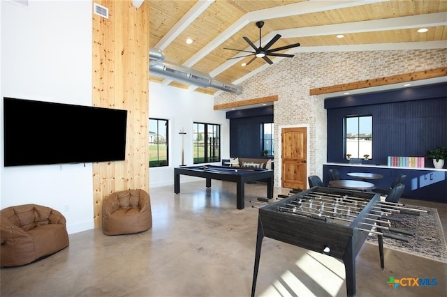 192 Lavender Ln, Elgin, TX 78621 - game room featuring billiards, a ceiling fan, finished concrete floors, baseboards, and high vaulted ceiling