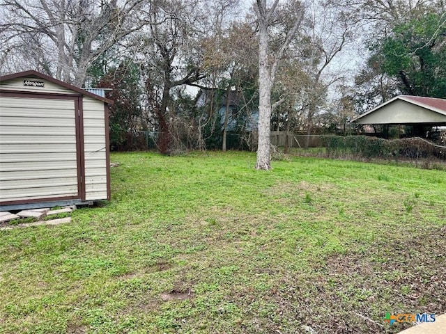 view of yard featuring a storage shed