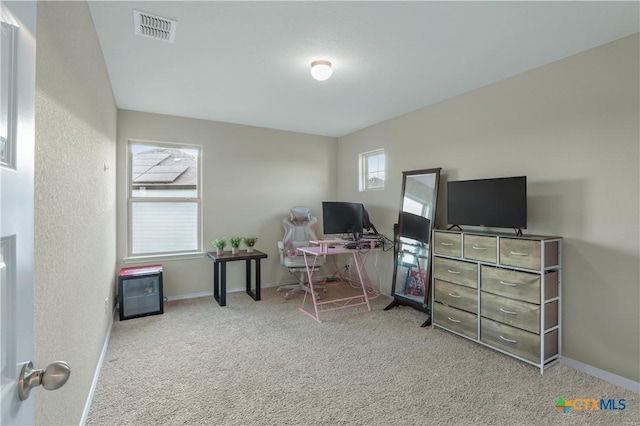 view of carpeted home office