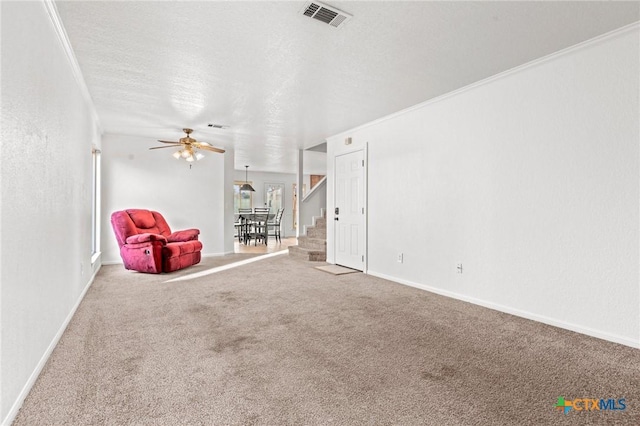 interior space with crown molding, ceiling fan, carpet flooring, and a textured ceiling