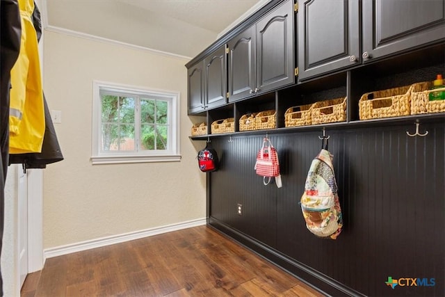 11421 Somerville Dr, Temple, TX 76502 - mudroom with dark wood-style floors and ornamental molding