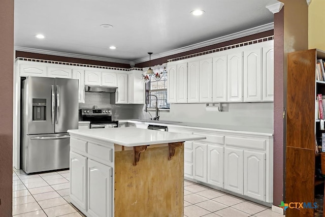 3656 Fm 2657, Copperas Cove, TX 76539 - kitchen featuring under cabinet range hood, white cabinetry, stainless steel appliances, and light tile patterned flooring