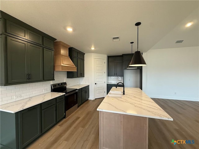 4146 Turning Leaf Dr, Nolanville, TX 76559 - kitchen with electric range, a sink, light wood finished floors, custom range hood, and visible vents