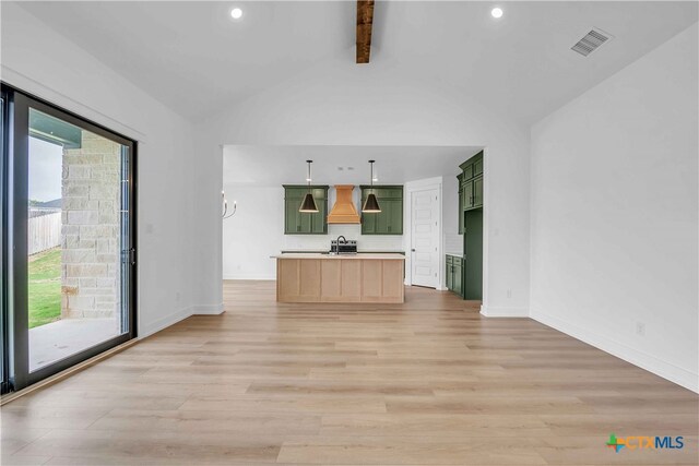 4146 Turning Leaf Dr, Nolanville, TX 76559 - unfurnished living room featuring light wood-style floors, recessed lighting, baseboards, vaulted ceiling with beams, and visible vents