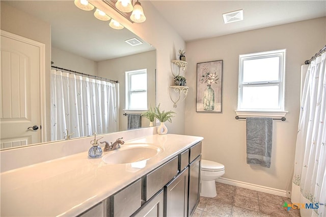 full bathroom with visible vents, toilet, vanity, and baseboards