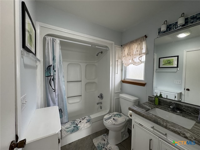 bathroom featuring vanity, shower / tub combo with curtain, tile patterned flooring, and toilet