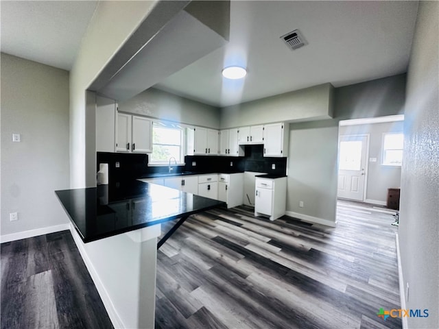 kitchen featuring white cabinetry, dark hardwood / wood-style flooring, sink, decorative backsplash, and kitchen peninsula