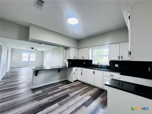 kitchen with dark wood-type flooring, ceiling fan, white cabinetry, and sink