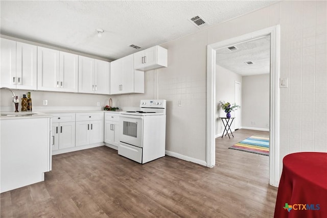 kitchen featuring electric range, a textured ceiling, a sink, and wood finished floors