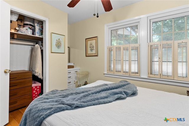 bedroom featuring hardwood / wood-style flooring and ceiling fan