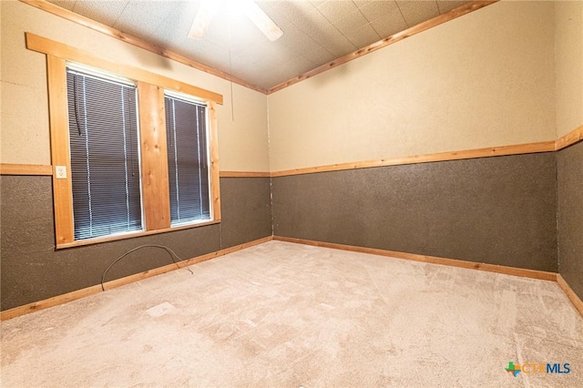 spare room with crown molding and carpet flooring