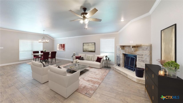 living room with crown molding, vaulted ceiling, and ceiling fan with notable chandelier