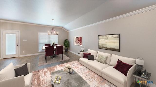 living room featuring crown molding, lofted ceiling, an inviting chandelier, and hardwood / wood-style flooring