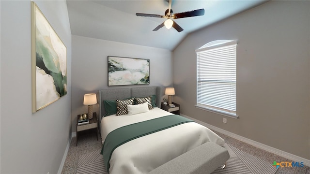 carpeted bedroom with lofted ceiling and ceiling fan