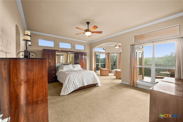 5310 River Oaks Dr, New Braunfels, TX 78132 - bedroom featuring crown molding, arched walkways, light carpet, access to exterior, and a ceiling fan