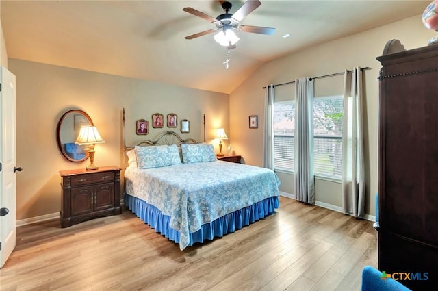 106 Cobble Stone Ct, Victoria, TX 77904 - bedroom featuring light wood-style floors, baseboards, lofted ceiling, and a ceiling fan