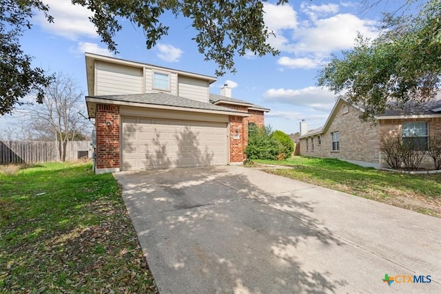 view of side of property featuring a garage and a lawn