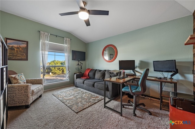 2803 American Dr, Lago Vista, TX 78645 - office area featuring carpet, a ceiling fan, and lofted ceiling